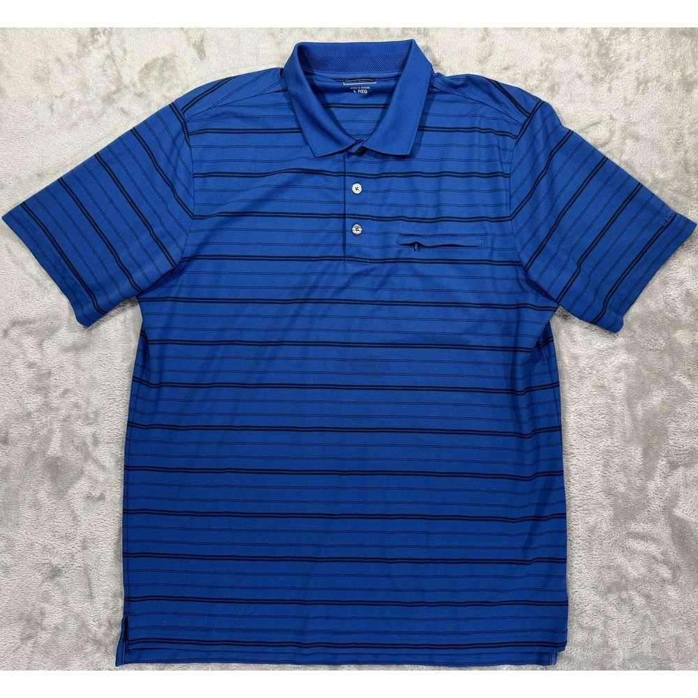 L.L. Bean Men's Golf Polo Shirt Large Blue Zip Chest Pocket Short Sleeve Stripe